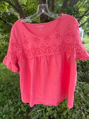 Woman Within Coral Eyelet Ruffle Sleeve Top